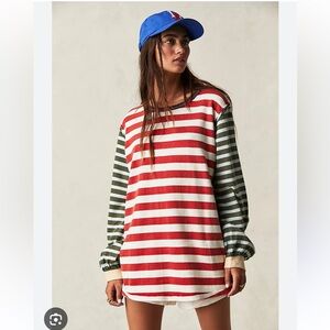 Free People Sawyer Striped Tee Large sienna Kelp combo green red dropped sleeves